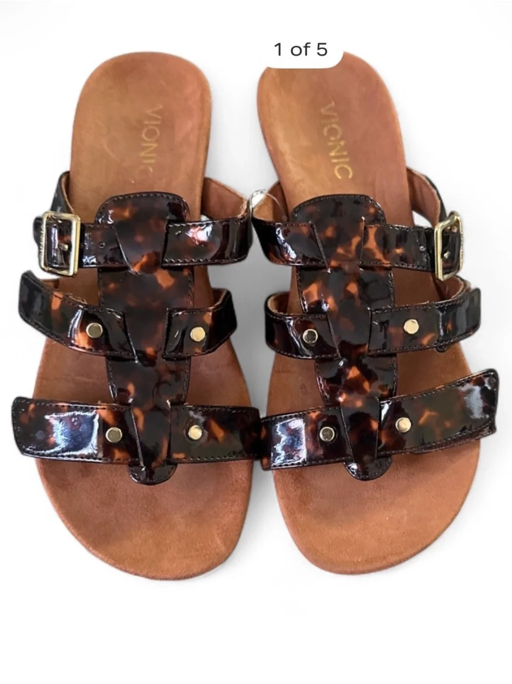 Vionic Tortoise Patent Leather Buckle Slide Sandals - Brown/Black